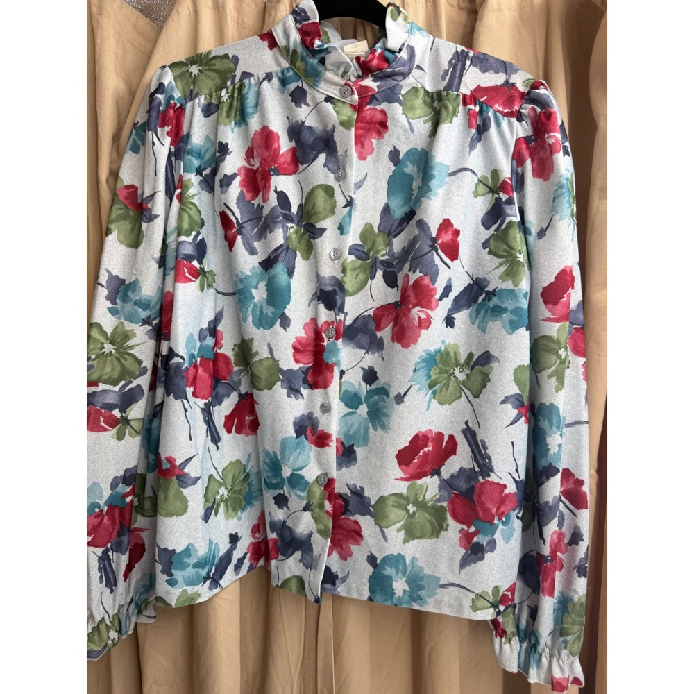 Vintage Floral Secretary Blouse Blue Red Teal Ruffle Neck Long Sleeve Size 16